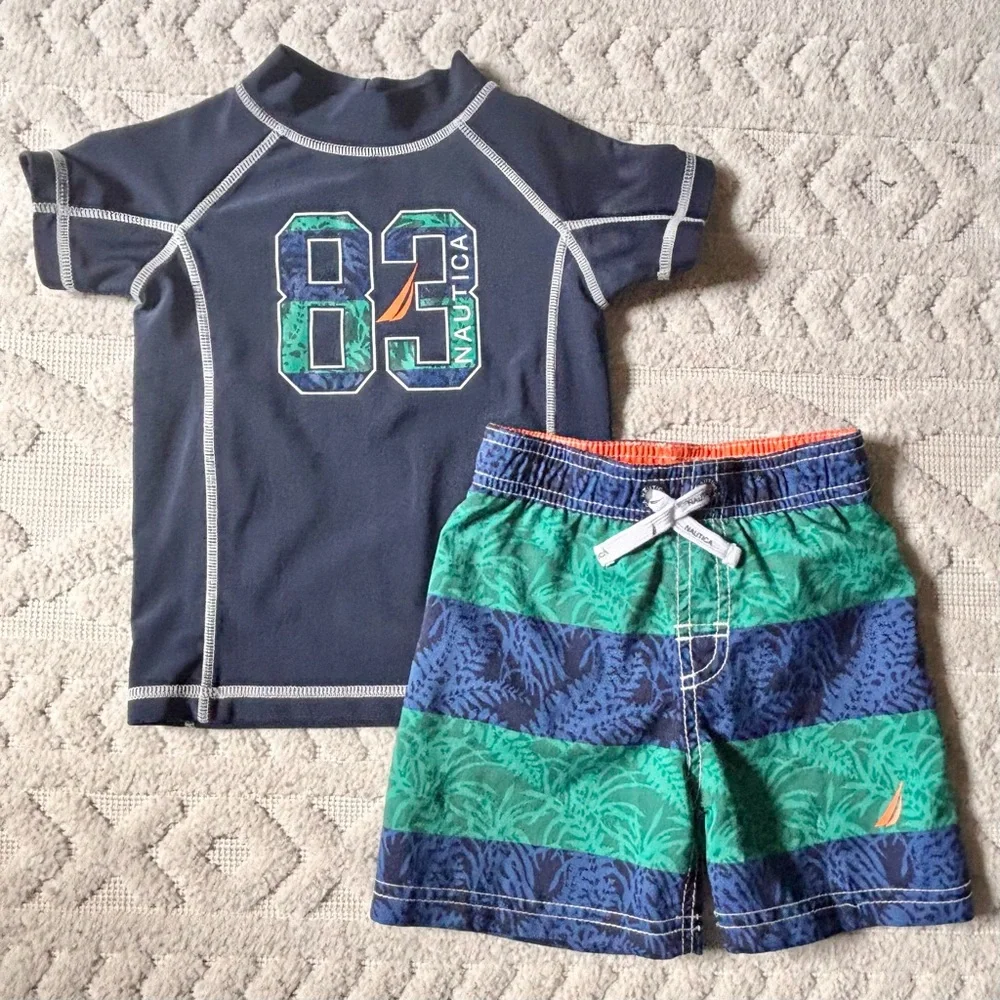 Nautica Kids Short Sleeve Rash Guard and Swim Trunks Blue Green, Mesh Lined, 18M